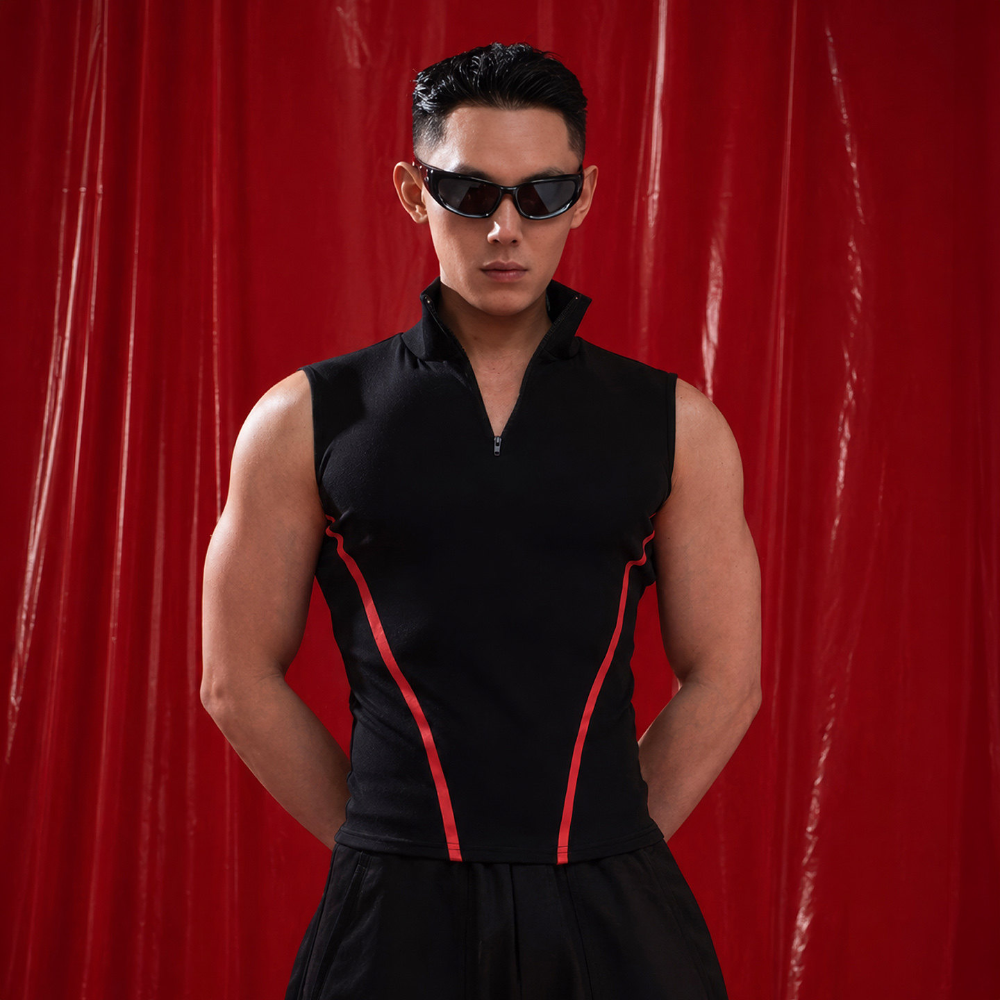 CLP黑色红V条纹立领拉链无袖Polo背心男修身运动显肌弹力短款紧身