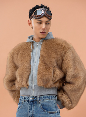 CLP灰咖色仿皮草拼接连帽拉链长袖卫衣外套男宽女松休闲短款保暖