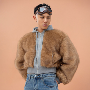 CLP灰咖色仿皮草拼接连帽拉链长袖 保暖 卫衣外套男宽女松休闲短款