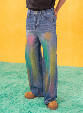 CLP蓝色彩色油漆喷绘牛仔裤男休闲宽松阔腿直筒复古做旧拖地猫须