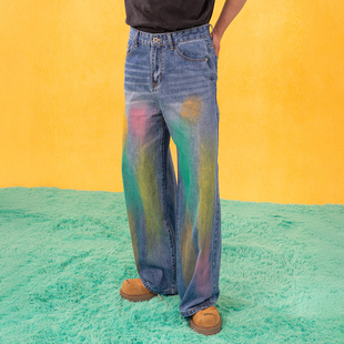 CLP蓝色彩色油漆喷绘牛仔裤 男休闲宽松阔腿直筒复古做旧拖地猫须