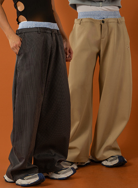 CLP黑条纹卡其色双层腰松紧腰宽松休闲裤西裤男直筒阔腿垂感潮流