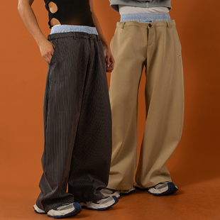 CLP黑条纹卡其色双层腰松紧腰宽松休闲裤 男直筒阔腿垂感潮流 西裤