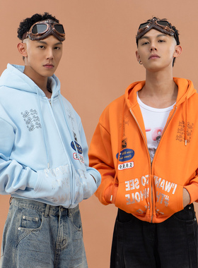 CLP蓝橙色连帽亮片徽章印花开衫卫衣外套男女宽松短款休闲加绒潮