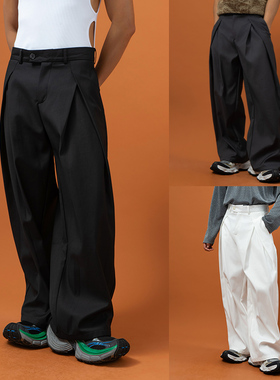 CLP黑白灰色裤褶设计阔腿休闲裤西裤男宽松直筒垂感潮流复古长裤