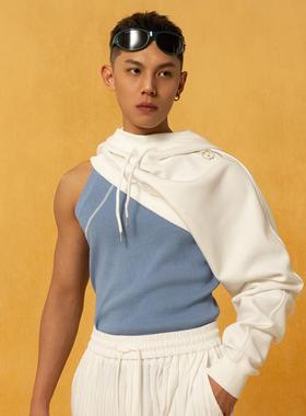 CLP灰白色单袖露肩设计套头连帽超短款卫衣休闲运动长袖宽松miu系