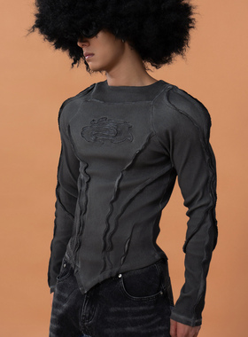 CLP咖灰色条纹做旧尖下摆切割长袖T恤男短款上衣修身弹力休闲摇滚