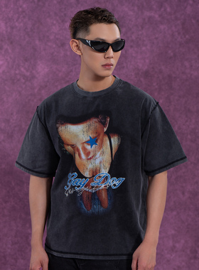 CLP x 202灰色做旧烫钻印花短袖T恤男圆领宽松美式复古褪色休闲潮