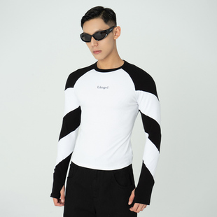 弹力休闲 T恤紧身衣男女修身 CLP原创Langel黑白螺旋撞色插肩袖 长袖