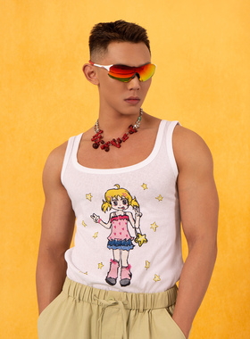 CLP白色萝莉卡通印花宽肩修身背心男女弹力休闲短款修身甜酷miu系
