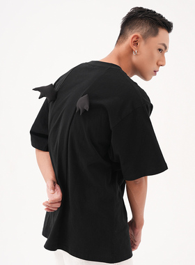 CLP原创Devil闪钻恶魔翅膀T恤男女廓形短袖黑色宽松休闲亮片立体