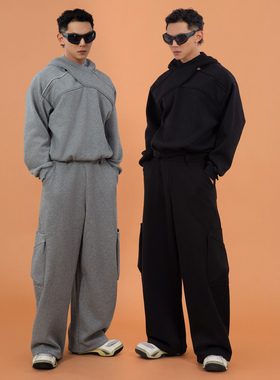 CLP灰黑色交叉领结构连帽长袖卫衣男宽松休闲潮流套头保暖加绒ins