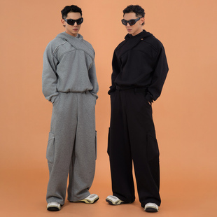 CLP灰黑色交叉领结构连帽长袖 卫衣男宽松休闲潮流套头保暖加绒ins