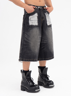 CLP黑色做旧破洞撕裂牛仔裤短裤男五分休闲宽松复古阔腿直筒水洗