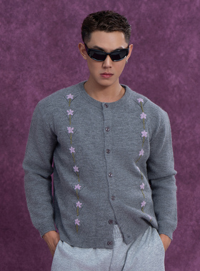 CLP灰色刺绣小花开衫针织衫毛衣男女休闲复古外套纽扣羊毛长袖潮