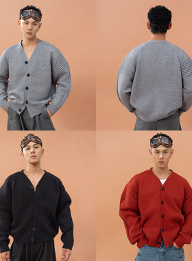 CLP黑红灰色坑条落肩袖开衫毛衣针织衫男宽松廓形外套休闲慵懒潮