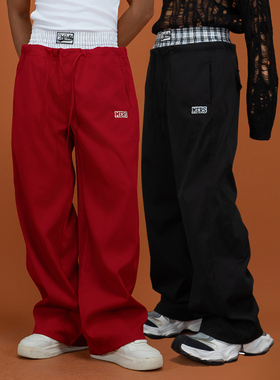 CLP红黑色双层腰头松紧腰抽miu系裤男女高腰显瘦宽松阔腿长裤潮