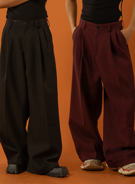 CLP黑红色裤褶设计大阔腿休闲裤西裤男宽松直筒垂感卷边喇叭拖地