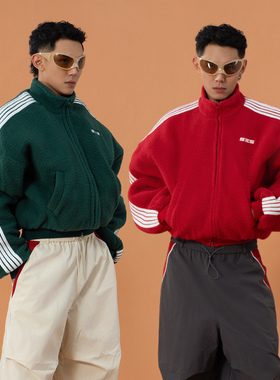 CLP红绿色仿羊羔绒廓形短款外套棉服夹克男宽松运动圣诞复古加厚