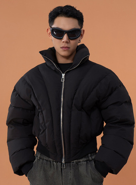 CLP黑色压线面包短款加厚棉服外套男立领宽松廓形休闲潮流夹克Y2K