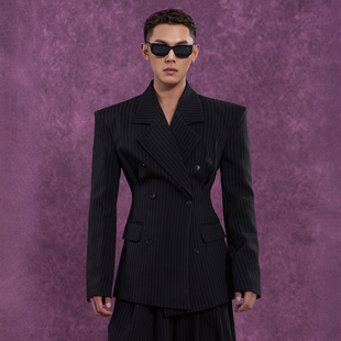 外套男女复古酷飒独特 长袖 CLP黑色条纹修身 收腰垫肩宽肩休闲西装