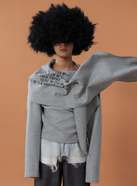 CLP灰色印花叠穿披肩设计长袖卫衣上衣男宽松层次拼接休闲街头潮