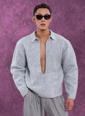 CLP黑灰色翻领深V领长袖针织衫毛衣男女宽松休闲复古慵懒羊毛简约