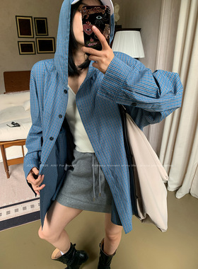 JCCC影子【格调经纬】蓝色经典格纹连帽抽绳宽松显瘦廓形衬衫外套