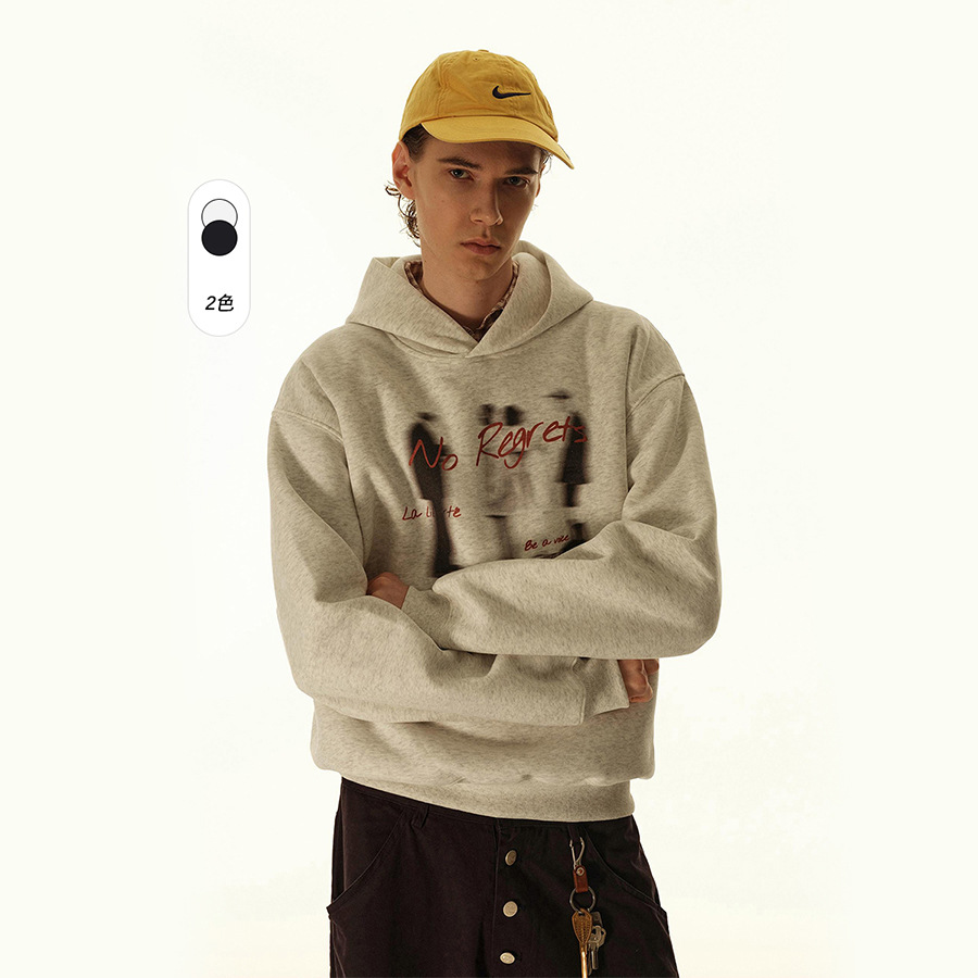 CATTEE美式水洗做旧人像印花连帽卫衣男女2025新款秋冬boxy上衣潮