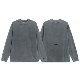 潮牌AC1996水洗复古做旧字母高街长袖宽松圆领男女情侣跨境T恤衫