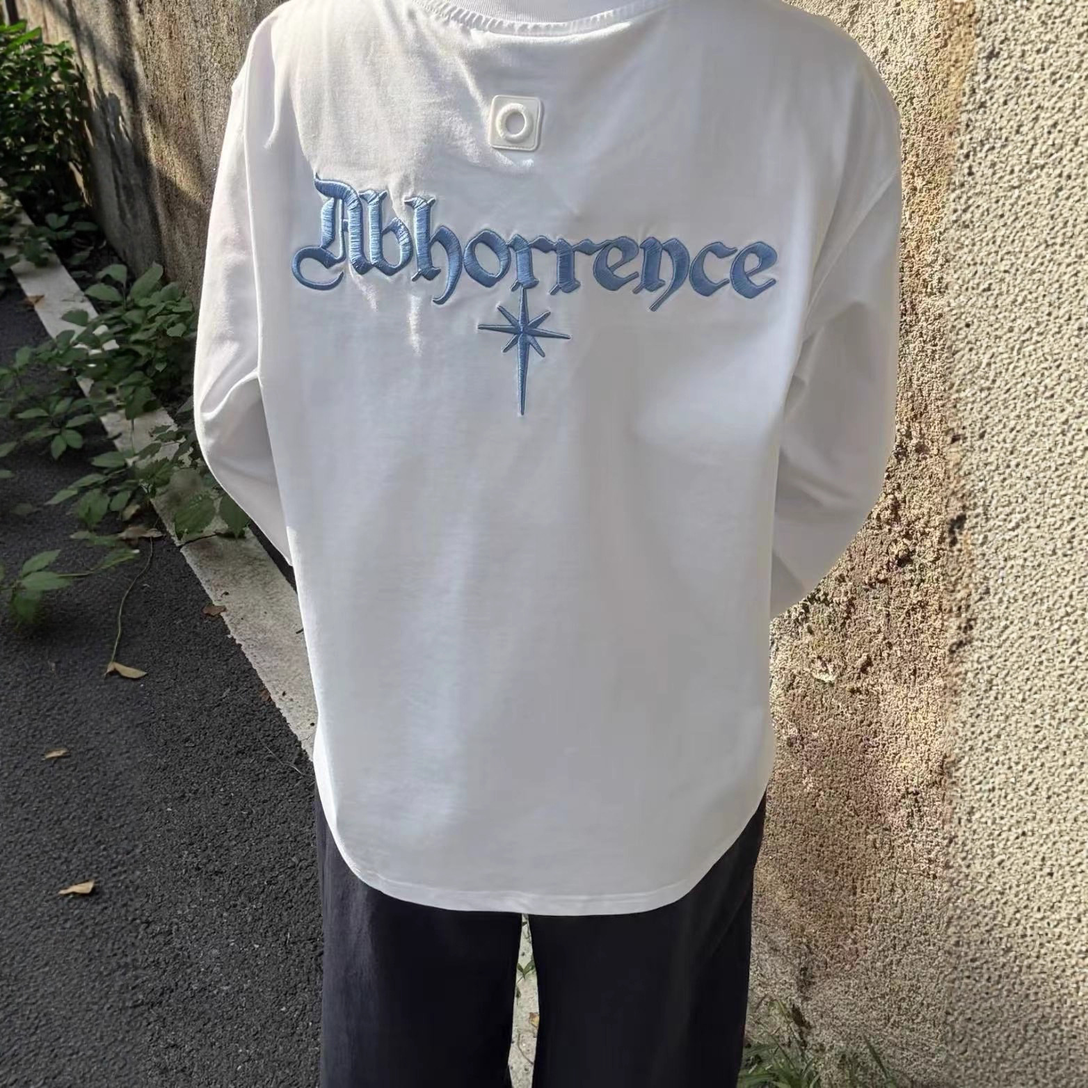 美式高街标语刺绣圆领长袖T恤男早秋新款宽松慵懒风情侣百搭上衣