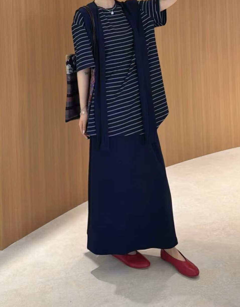 欧洲站2026年夏季新款酒酿丸子条纹短袖T恤+披肩+半身裙三件套女