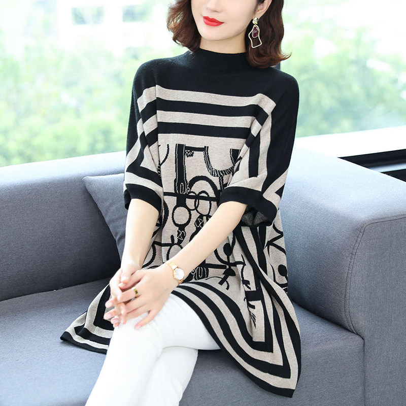 针织上衣女春秋薄款加肥加大女装200斤洋气时尚毛衣中长款遮屁股