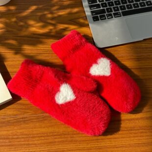 连指手套女士时尚毛绒加厚双层节日喜庆红色全指包套冬季保暖防寒