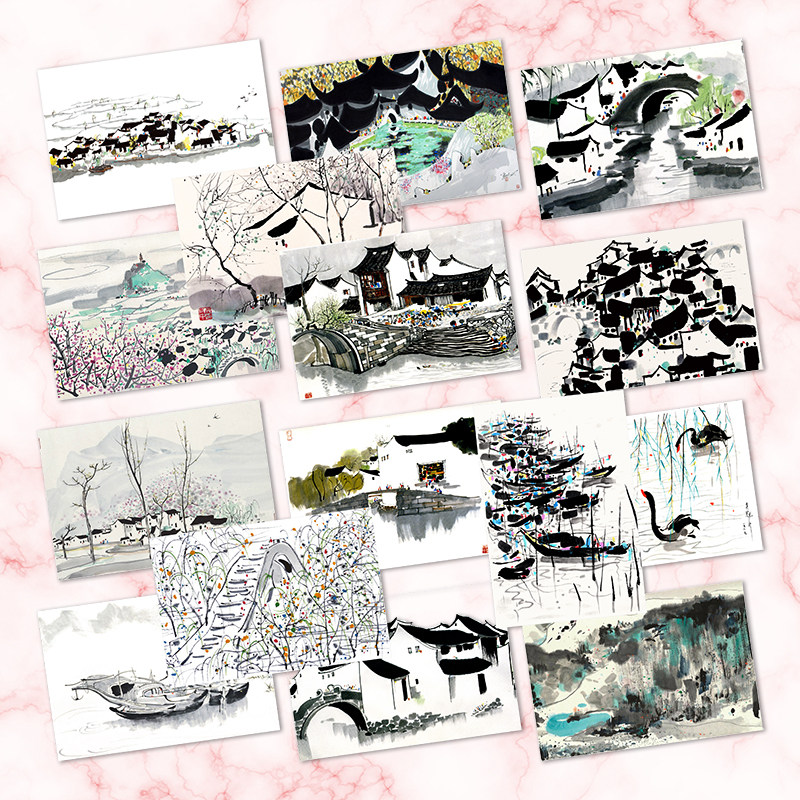 水墨江南方形卡片水乡民居吴冠中装饰明信片50张中国风贺卡临摹卡