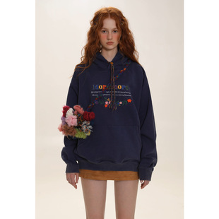 Moromoro字母刺绣宽松加厚连帽套头卫衣女美式复古小众设计感上衣