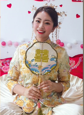 定制代绣法式刺绣喜扇新娘团扇新娘手捧花粉蓝喜扇中式秀禾团扇