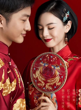 晚来团扇风高端婚礼新娘团扇结婚中式结婚喜扇秀禾法绣喜扇成品