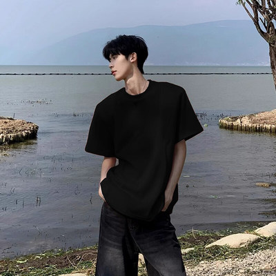 重磅黑色正肩短袖男款夏季美式高街纯棉t恤高级感痞帅半截袖衣服