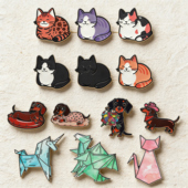 可爱猫咪珐琅胸针套装 萌宠腊肠犬金属徽章创意折纸动物书包别针