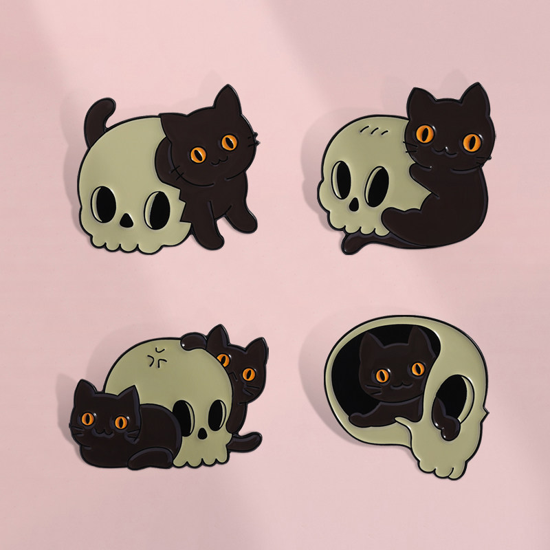朋克风卡通骷髅头猫咪个性胸针金属徽章卡通别针配饰包包挂件勋章