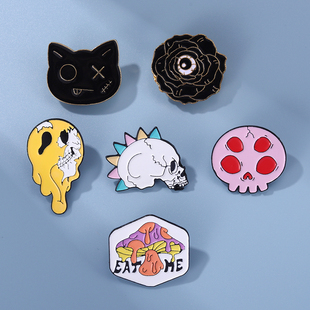 夸张朋克风骷髅头黑色猫咪蘑菇胸针搞怪金属徽章包包别针配饰勋章