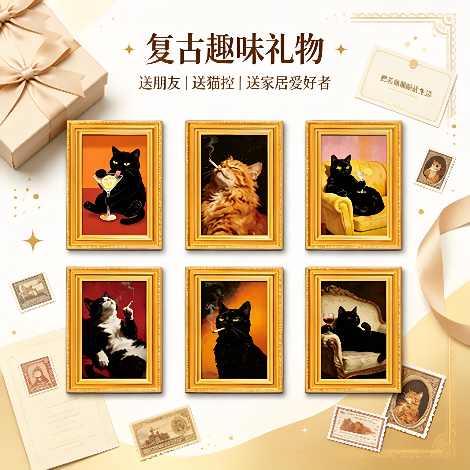 复古艺术猫咪冰箱贴 轻奢小金框搞怪黑猫磁贴 家居趣味文创伴手礼