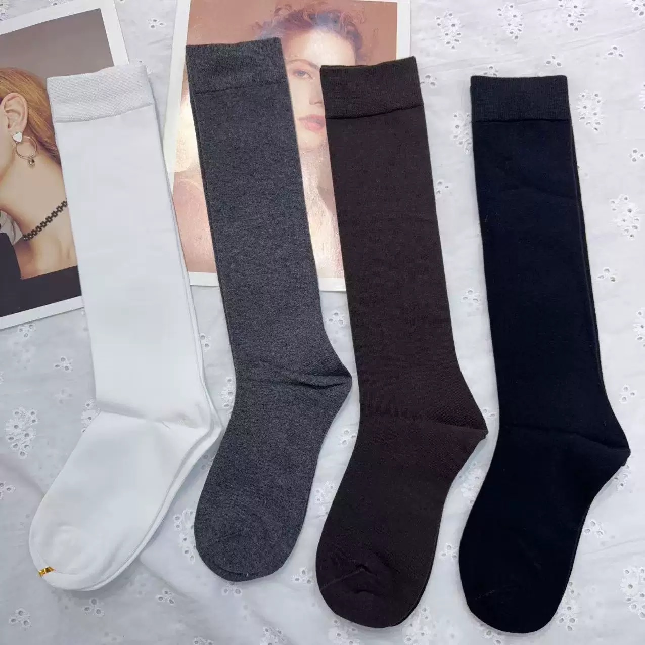 日韩系jk黑白咖纯色微压小腿袜