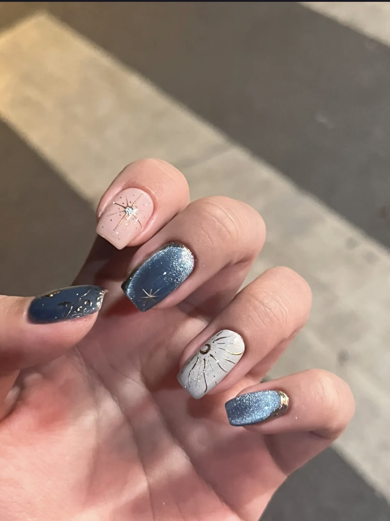 asnali亚特兰蒂斯蓝色星月猫眼穿戴甲高级感手工彩绘美甲成品