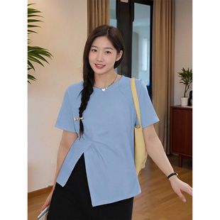 上衣T恤衫 大码 200斤胖mm宽松显瘦不规则开叉正肩圆领短袖 女装 夏季