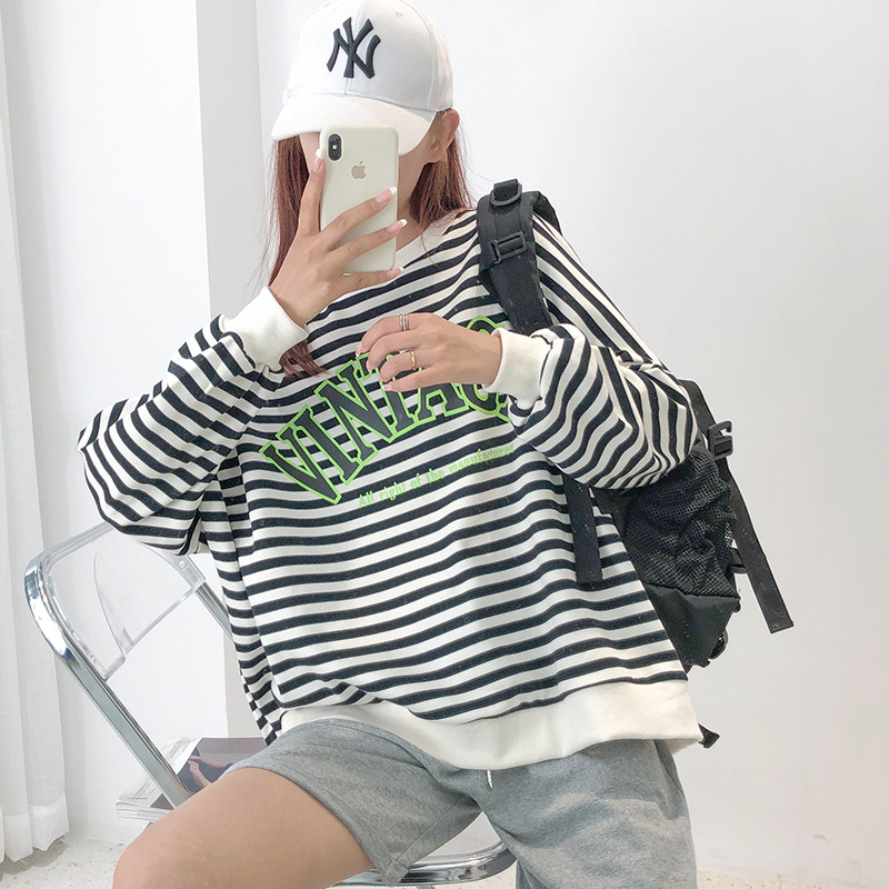 【茶茶家】2020秋季新品百搭卫衣女宽松韩版条纹字母印花上衣学生