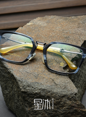 复古蓝色方形牛角眼镜框男款厚切超轻板材纯钛近视镜架防蓝光大脸