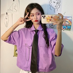 Real shot real price Korean design sense pin style versatile short sleeve drawstring Shirt Top + tie