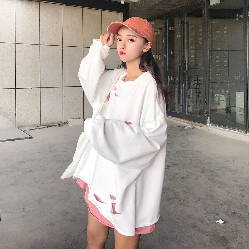 Real shot real price Korean version of Harajuku style stitching and color contrast fake two pieces of loose and broken hole sweater for students